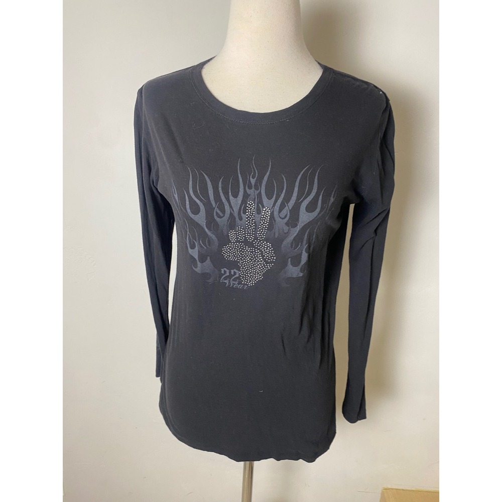 Long Sleeve Graphic Tee Black Y2K Rhinestone Flame Biker Grunge Emo XL